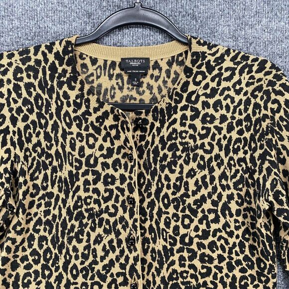 Talbots Cardigan Sweater Womens S Brown Leopard Merino Wool Button Up Mob Wife - Picture 2 of 9